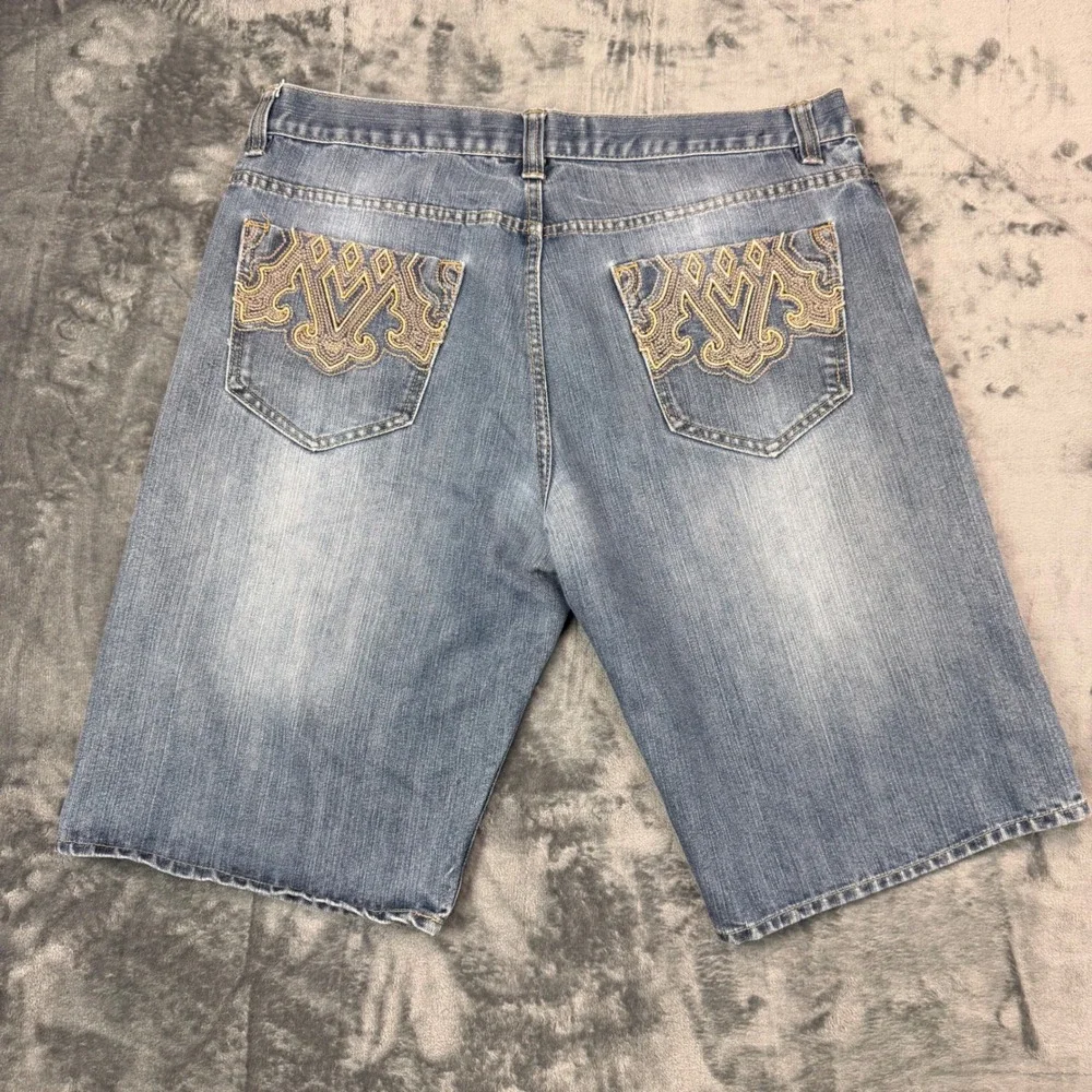 Y2K Avirex Denim Shorts Men 38 Baggy Embroidered Pocket Hip Hop Streetwear Jorts